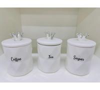 AIDNI Set of 3 White Crown-Lid Ceramic Coffee, Tea & Sugar Canister Set, Marble Effect Storage Jars with Silver Crown Lids Stylish Kitchen Canisters for Modern & Traditional Homes -15cm