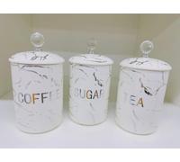 AIDNI Set of 3 White Style Crystal Containers Coffee, Tea, Sugar Kitchen Storage Tins, Decorative White Marble Design, Diamond-Effect Knobs, Modern Countertop Decor 15x10cm