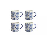 AIDNI Set of 4 Blue Leaf Stoneware Coffee Mugs with Blue Handles, Microwave & Dishwasher Safe, Scandinavian Style Tea Cups, Durable Everyday Drinkware 390ml