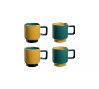 AIDNI Set of 4 Colour Block Espresso Cup Stoneware Espresso Mugs, Stackable Coffee Cups, Retro Teal & Mustard, Microwave & Dishwasher Safe 104ml