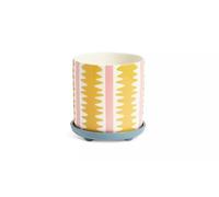 AIDNI Stripe Ceramic Planter with Saucer 14cm Plant Pot with Drainage Hole, Pink & Yellow Striped Flower Pot with Blue Tray