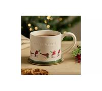 AIDNI Winter Wishes Ceramic Mug with Robin Design, White and Green Holiday Coffee Cup