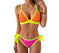 Aidonger Bikini Sets for Women Floral Two Piece Bathing Suit V Neck Shell Stitched Swimsuit Tie Side Triangle Swimwear, Orange and Pink Color Block, XXL