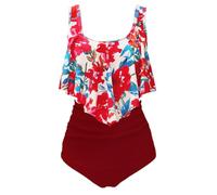Aidotop Swimsuit for Women Top Ruffled High Waist Swimwear Two Pieces Bathing Suits Bikini Sets(42Red Floral,XXL)