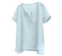AIDTFUIEY Linen Shirts Men Short Sleeve Unisex Cotton-Linen Shirt Regular Fit Button Down Lightweight Summer Beach Tops for Daily Wear Casual Outings (Light Blue, XXL)