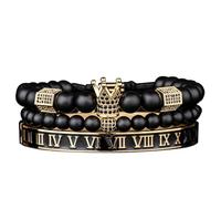 AIDUOMIRZER 3pcs/set Classical Handmade Braiding Bracelet Hip Hop Men Pave CZ Leopard Head Roman Numeral Bracelet Stainless Steel Jewelry, 6.7inch-7.5inch, Stainless Steel, Cubic Zirconia