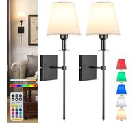 Aiehnid Battery Operated Wall Lights Set of 2，with Color Temperature Dimmable Remote Control，Battery Powered Non Hardwired Wall Lamp，for Bedroom Farmhouse Bedside Reading Light (Black)