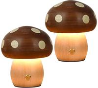 AIEHOUSE 2 Pack LED Mushroom Night Light, 9cm Wooden Table Lamp, Rechargeable Battery Operated, Touch Switch, Stepless Dimming