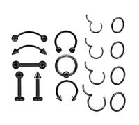 aieieii 16 PCS Black Nose Ring Kit, Lip Ring for Bottom Lip Multiple Gauges Thin Hoop Design Septum Piercing Jewellery, Suitable for Nose Septum, Helix, Tragus, Lip Piercings for Women Men