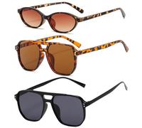 aieieii 3 Piece Set Men and Women's Sunglasses UV Protection, Large Square and Oval Retro Sunglasses for Driving Golfing and Fishing Classic Sun Glasses (1 Black 2 Brown Leopard Print)