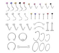 aieieii 38 Pcs Nose Rings Silver Set, Fashionable Charming Nose Studs Silver Jewellery, L Shape Nose Stud for Teens Women Men Work School Multi-Purpose Gift (Multicolor)