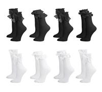 aieieii 8 Pairs Black White Frilly Socks Women, Ruffle Socks Womens Frilly Sock Delicate Lace Trim, Comfortable Ruffle White Ankle Sock Black Trainer, for Daily Wear and Cosplay