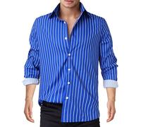 AIEOE Casual Striped Shirts for Men Business Long Sleeve Button Down Top Cotton Blouse Wedding Dress Shirts Regular Fit Shirts Work Office Outfit Lapel Collar L Blue