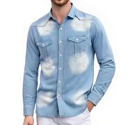 AIEOE Denim Shirt for Men Long Sleeve Western Regular Fit Casual Jean Shirt Top Button Down Casual Jacket Outerwear Light Blue