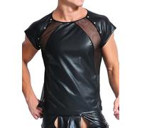 AIEOE Faux Leather Shirt Men Sexy Patent Leather T-Shirt Stretchy Short Sleeve Nightclub Undershirts Trendy See Through Leather Tops for Nightclub Large Black