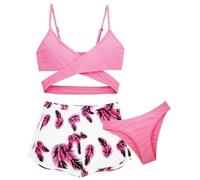 AIEOE Girls Swimsuit Bikini Set with Tropical Print Beach Shorts Spa Surfing Bathing Pool 12-13 Years Pink