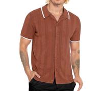 AIEOE Hollow Shirt for Men Short Sleeve Button Down Shirts Breathable Knitted Polo Shirt Casual Summer Beach Crochet Vacation Shirt Top Brown