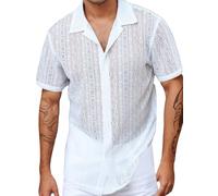 AIEOE Lace Top Men's Hollow Summer Top Lace Button Down Shirt Short Sleeve Casual Shirt Lace T-Shirt Muscle Shirt See Through Lace Shirt