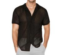 AIEOE Lace Top Men's Lace Button Down Shirt Short Sleeve Casual Shirt Lace T-Shirt Hollow Summer Top Muscle Shirt See Through Lace Shirt