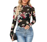 AIEOE Long Sleeve Undershirt Women Sexy Lace Semi Sheer Pullover Sheer See Through Going Out Vacation Top L