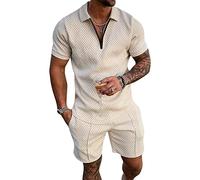 AIEOE Men Short Sleeve Tracksuit Set T-Shirts and Shorts 2Pcs Suit Summer Casual Outfit Zipper Collar Jogging Activewear Off White