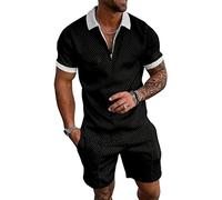 AIEOE Men's 2Pcs Short Sets Outfits Jogging Tracksuit Summer Lapel Polo Shirt Outfits Casual Short Sleeve Suits Sports Activewear Set Black