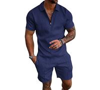 AIEOE Men's 2Pcs Short Sets Outfits Jogging Tracksuit Summer Lapel Polo Shirt Outfits Casual Short Sleeve Suits Sports Activewear Set Navy Blue