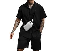 AIEOE Men's 2Pcs Short Sets Outfits Summer Tracksuit Short Sleeve Shirt and Shorts Set Casual Sport Suit Sports Activewear Set Black L