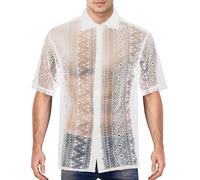 AIEOE Men's Button Down Mesh Top Lace Mesh Shirt See Through Shirt Tops Sheer Short Sleeve T-Shirt Mesh Hollowed Out T Shirt Sexy Transparent Top Clubwear White