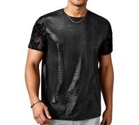 AIEOE Men's Crocodile Pattern Patent Leather Patchwork Lace Loose Fit T Shirt Black Short Sleeve Mesh Disco Party Top
