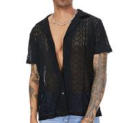 AIEOE Men's Lace See Through Shirt Sexy Short Sleeve Shirt Quick Dry Sheer Button Down Hollow Out See Through Shirt Black