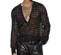 AIEOE Men's Lace Shirt V Neck See Through Top Lace Sheer Blouse Long Sleeve Mesh Shirts Sexy Gym Fishnet Lace Shirt