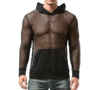 AIEOE Men's Mesh Fishnet Hoodie Fishnet Hooded Sweatshirt Transparent Long Sleeve Pullover Casual Breathable Pullover Sweatshirt Mesh Top Hollow Sweatshirt Black