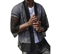AIEOE Men's Mesh Hollow Shirt Long Sleeve Fishnet Shirts Sexy See Through Blouse Muscle Cardigan Shirt