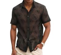 AIEOE Men's Mesh See Through Short Sleeve Button Down Shirt Night Club Top Embroidered Floral Shirt Sexy Sheer Floral Dress Shirts Summer Transparent Mesh Hollow Floral Shirt Black
