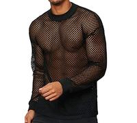 AIEOE Men's Mesh Shirt Muscle Mesh Shirt Glitter Transparent T-Shirt Sexy Mesh Shirts Short Sleeve Shirt Club Wear Summer Mesh Top XS - 3XL, C01# Fishnet Long Sleeve Shirts - Black, XXL