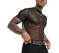 AIEOE Men's Mesh Shirt Muscle Mesh Shirt Glitter Transparent T-Shirt Sexy Mesh Shirts Short Sleeve Shirt Club Wear Summer Mesh Top XS - 3XL, A01# Glitter Look Shirts - Black, M