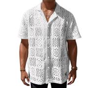 AIEOE Men's Night Club Top See Through Short Sleeve Button Down Shirt Sexy Fishnet Dress Shirts Summer Transparent Mesh Hollow Top Mesh Fishnet Shirt White