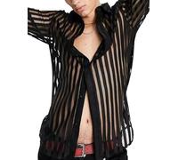 AIEOE Men's See Through Muscle Shirt Button Down Tops Sexy Striped Casual Shirt Long Sleeve Mesh Shirts Loose Fishnet Shirt Black