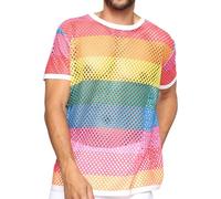 AIEOE - Men's See Through Shirt Short Sleeve/Sleeveless Mesh Sheer Fishnet Shirt Sexy Rainbow Tank Top Crewneck Casual Shirts Vest Fashion Fancy Transparent Hollow Out Muscle Top L
