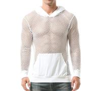 AIEOE Men's Transparent Long Sleeve Pullover Mesh Fishnet Hoodie Fishnet Hooded Sweatshirt Casual Breathable Pullover Sweatshirt Mesh Top Hollow Sweatshirt White