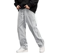 AIEOE Men's Y2K Baggy Trousers Drawstring Track Pants Streetwear Casual Parachute Windbreaker Bottoms with Stripe Detail Light Grey M