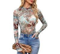 AIEOE Mesh Long Sleeve Tops for Women Pullover Round Neckline Ink Green Background Floral Pattern Top S