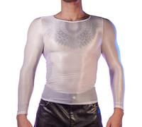 AIEOE Oil Shiny Undershirt for Men Long Sleeve Transparent Shirt See Through Workout Shiny Top Slim Fit Muscle Tops Clubwear T Shirt White