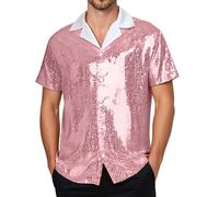 AIEOE Sequin Shirt for Men Sparkle Vintage Button Down Short Sleeve Disco Tops Shiny Party Club T Shirt Rave Tops Pink
