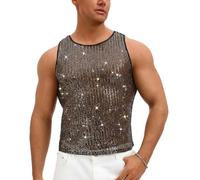 AIEOE Sequin Tank Top for Men Shiny Sparkle Vests Glitter Sleeveless Disco Rave Party Nightclub Tank Top Gold S