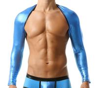 AIEOE Shrug Top for Men Shiny Metallic Mesh Half Top Muscle Workout Fitness Arm Sleeves Stage Dancewear Clubwear Blue