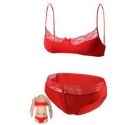 AIEOE Sissy Bikini Set for Men Sheer Spaghetti Straps Bra and Brief Crossdresser Two Pcs Sissy Outfit Lace Lingerie for Gay Red