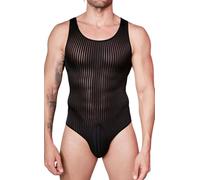 AIEOE Stretch Leotard for Men Sleeveless Stripes Slim Fit Wrestling Singlet Sheer Mesh Bodysuit Undershirt