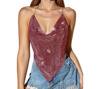 AIEOE Women’s Sparkle Sequin V Neck Crop Top Adjustable Straps Chain Blackless Crop Top Party Dance Outfits Wine Red S
